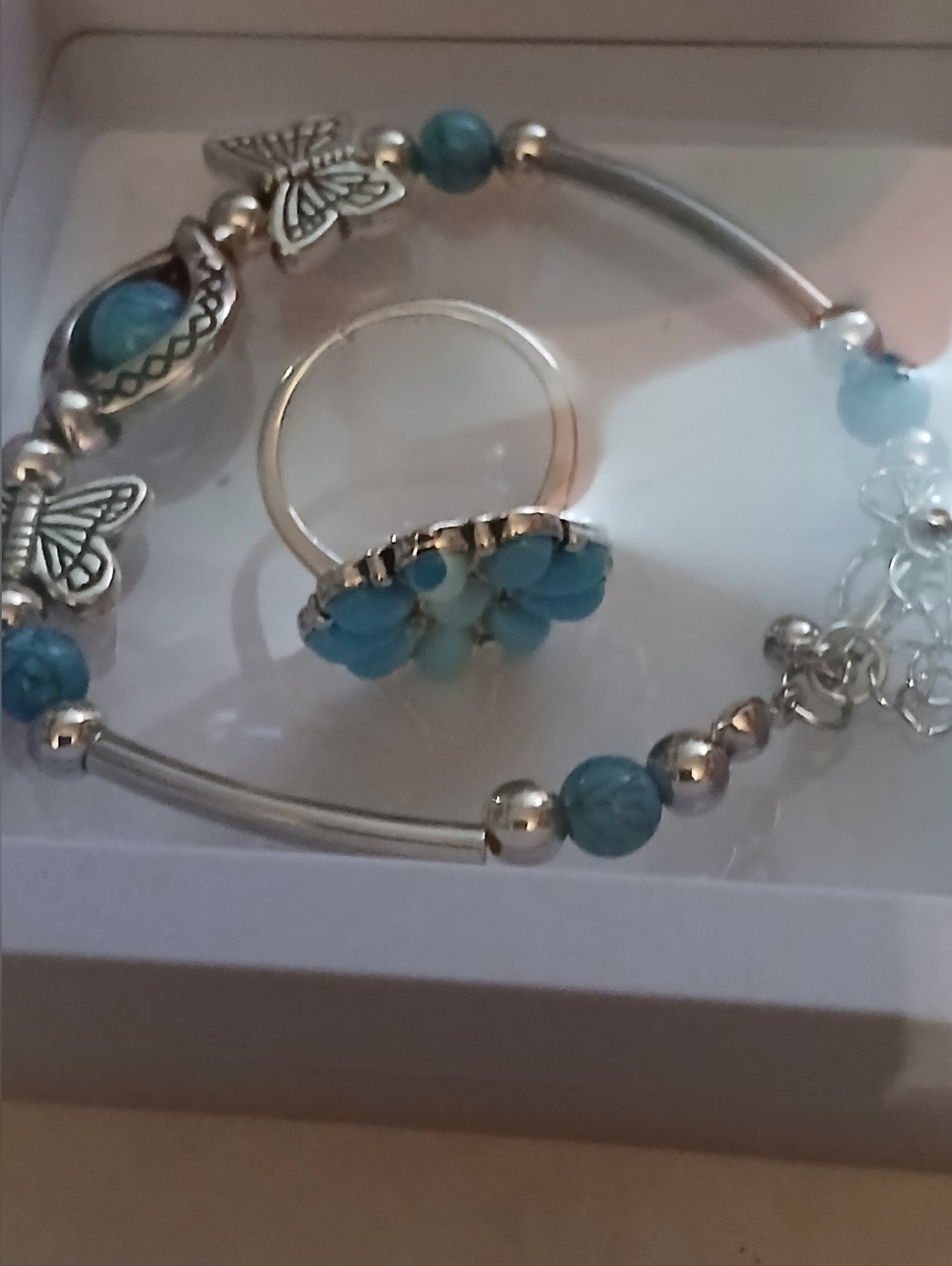 Turquoise Flower Ring and Butterfly Bead Bracelet Set - Women Jewelry